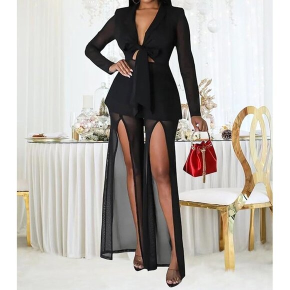Women's Sexy 2 Piece Outfit See Through Clubwear Mesh Tie Front Slit Leg Black M - Picture 4 of 6